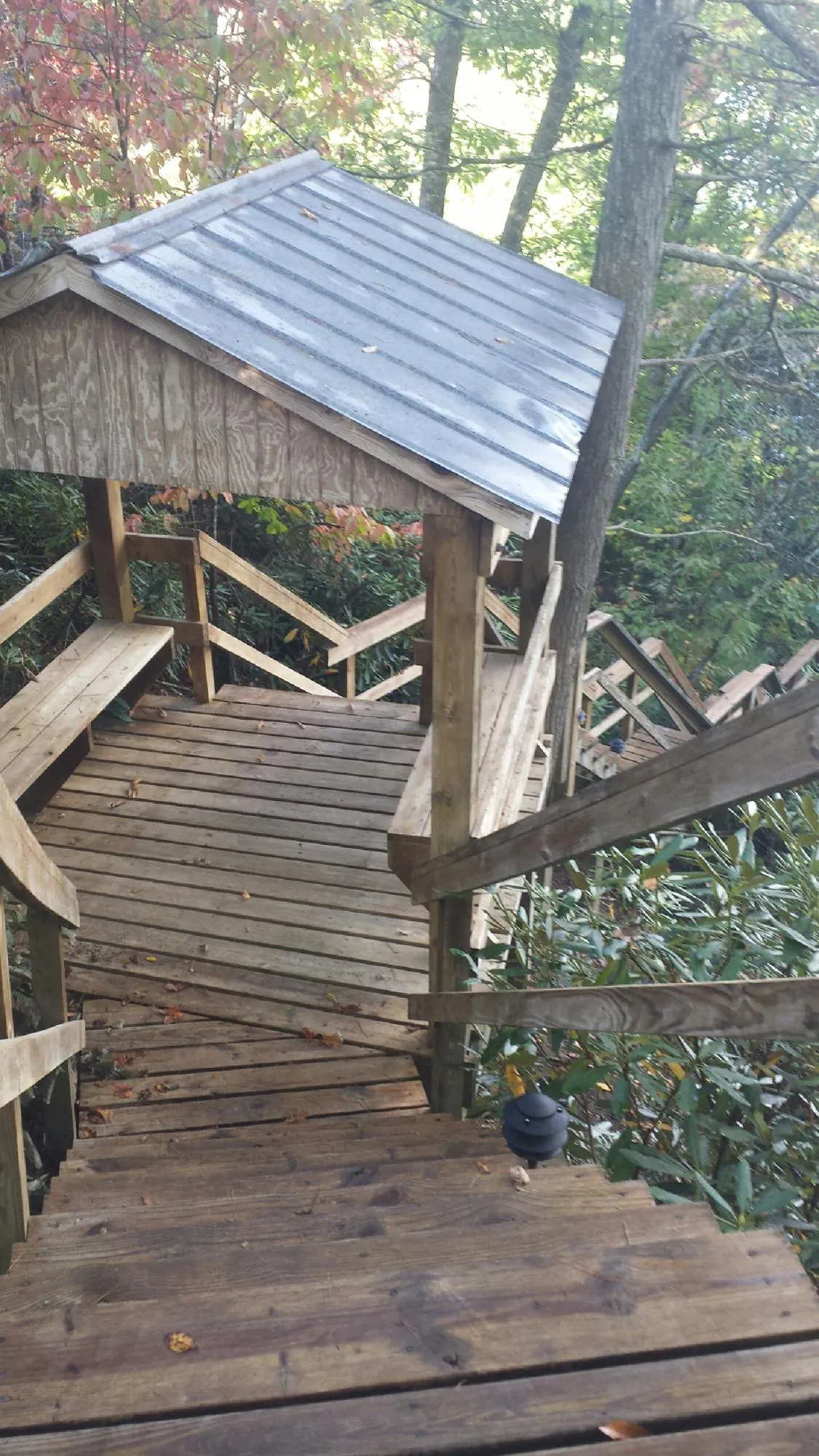 Metal roofed shelter over wooden steps on a wooded walkway — Skylight Repair & Installation work by our crew in Seymour